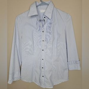 New York & Co. Stretch Long-Sleeve Blue Pinstripe Ruffle Blouse, Size Small